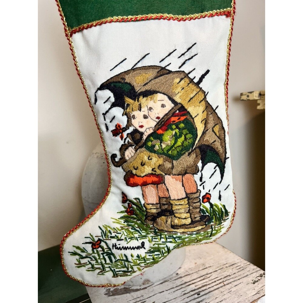 Vintage Hummel Christmas Stocking Hand Embroidered Crewel On Linen & Felt 17" - Picture 1 of 8